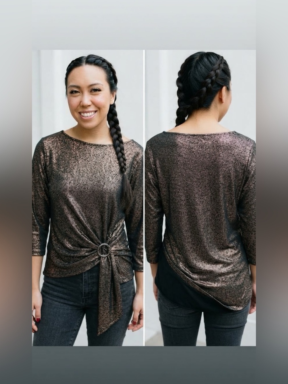 NWT Laura Black & Bronze Shimmer Ring-Knot Top